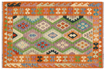 Flat Weave Kilim, Antique, Navaho, Vintage, Handmade, Geometric Kilim Blue Orange Hand-Woven Rectangle 100% Wool Area Rug 4 x 6
